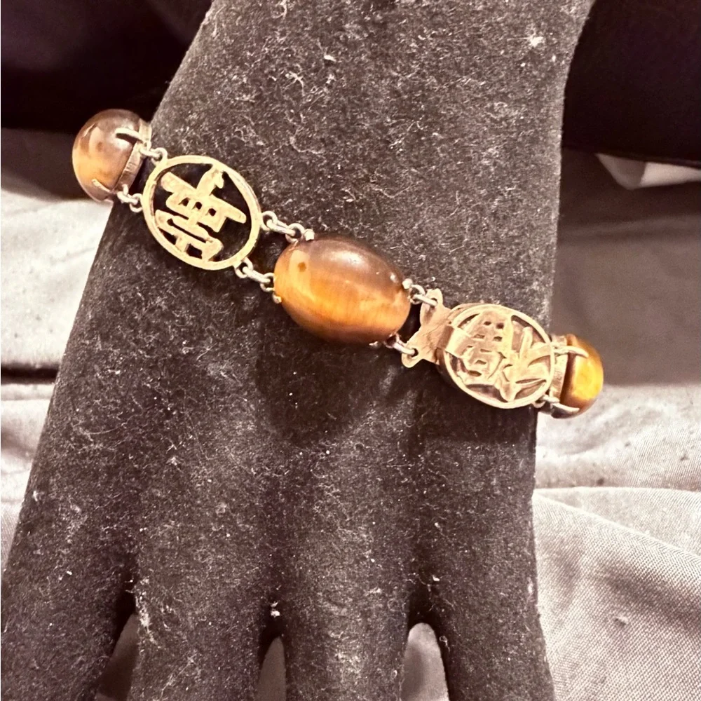 Vintage Hong Kong Sterling Silver & Tiger’s Eye Bracelet